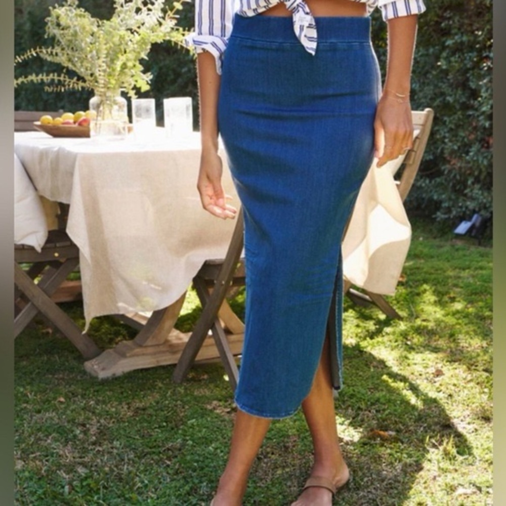 Frank & Eileen Donegal Unforgettable Skirt Midi Blue Denim Size 10 1977 Med Wash